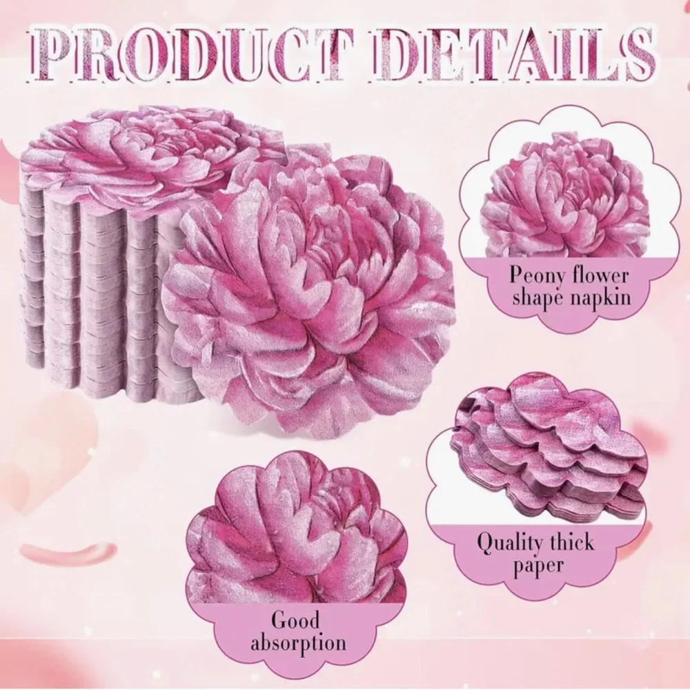 Pink Peonies Decorative Shaped Paper Napkins, 20 ct
